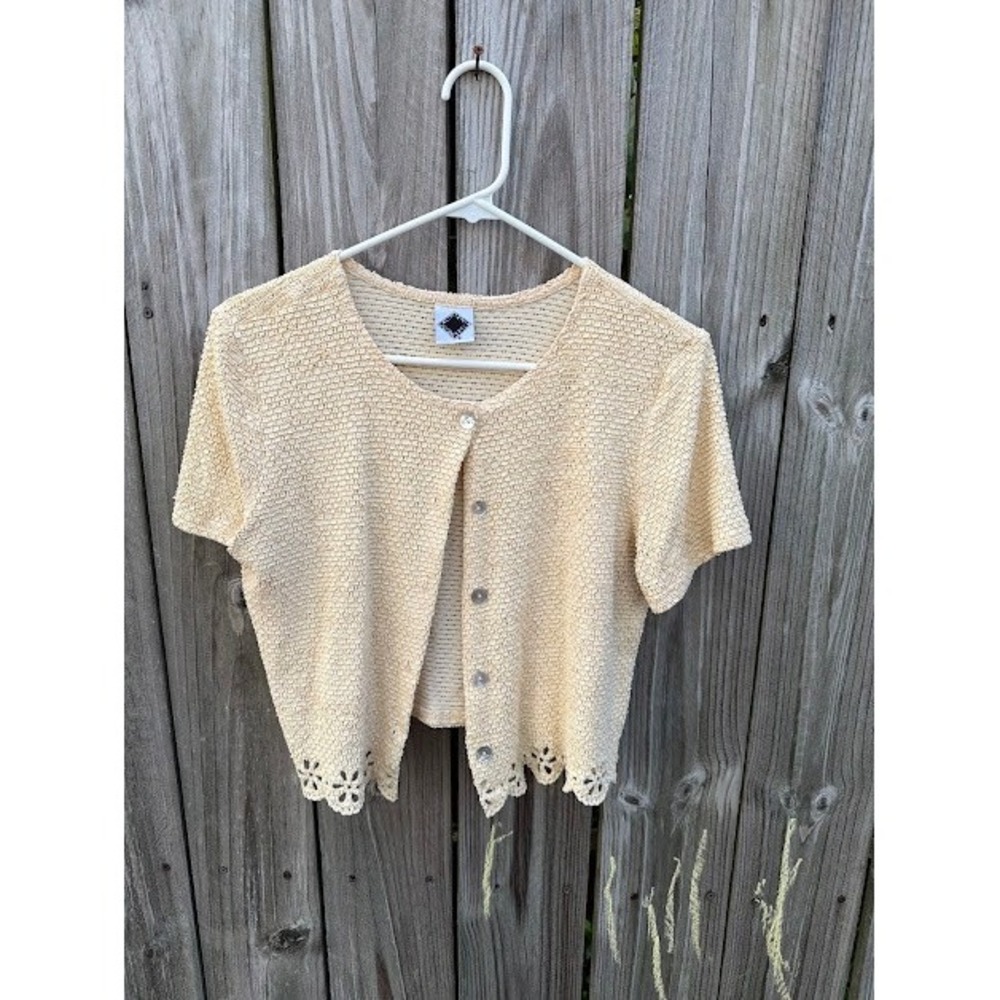 Vintage 90s Popcorn Top California Concepts Cardigan M Cream Scalloped Eyelet